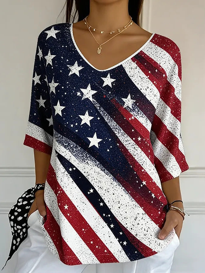 Ladies' Casual American Flag Print V-Neck Half Sleeved T-Shirt