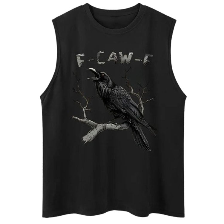 F-Caw-F Crow Print Cotton Sleeveless Tank Tops