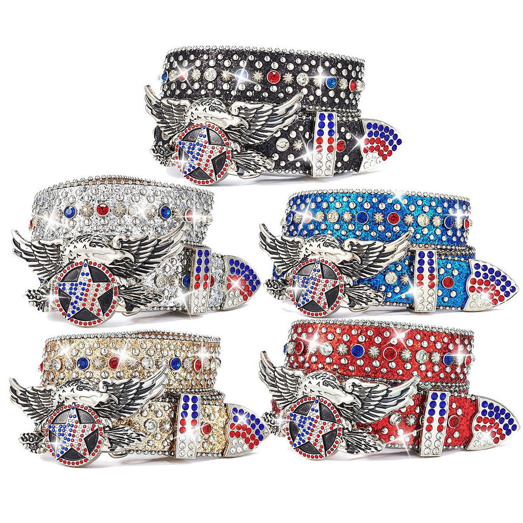 Unisex Independence Day Star Eagle Full Diamond Metal Buckle Belt