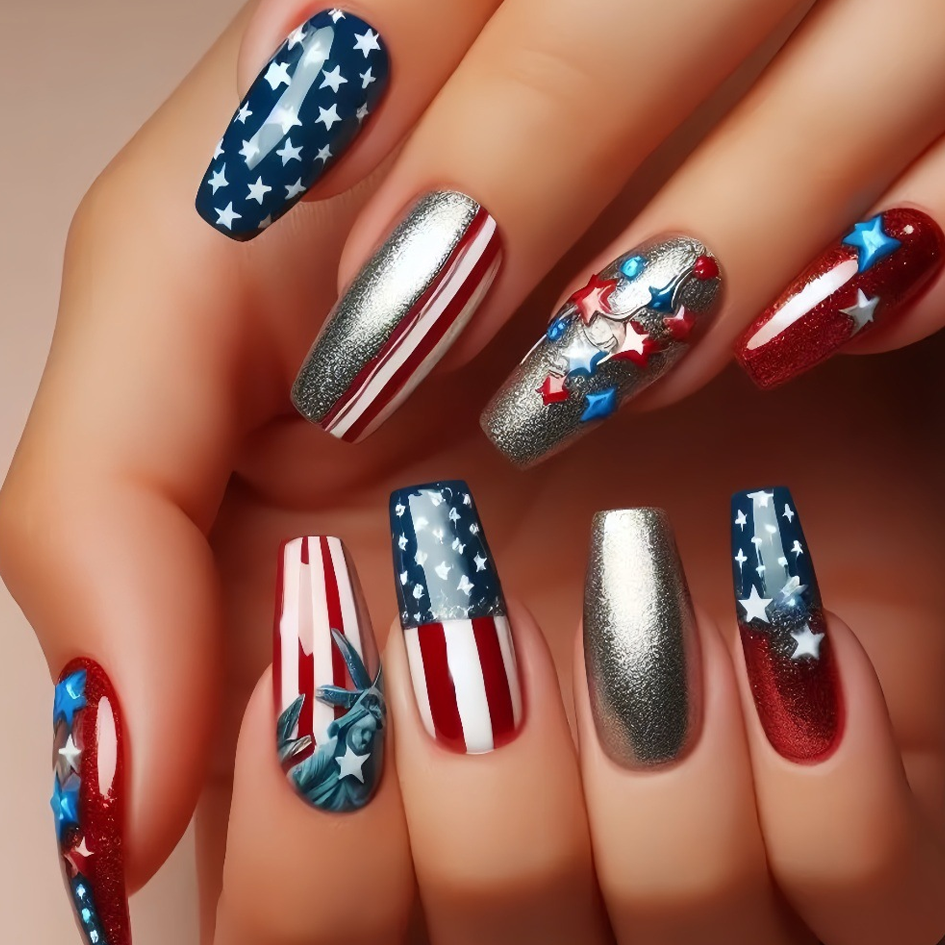 Red, White And Blue Star-shaped Pattern False Nails