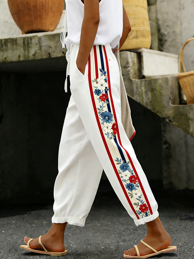 Women's Cotton Linen Botanical Floral Ankle-Length Casual Pants