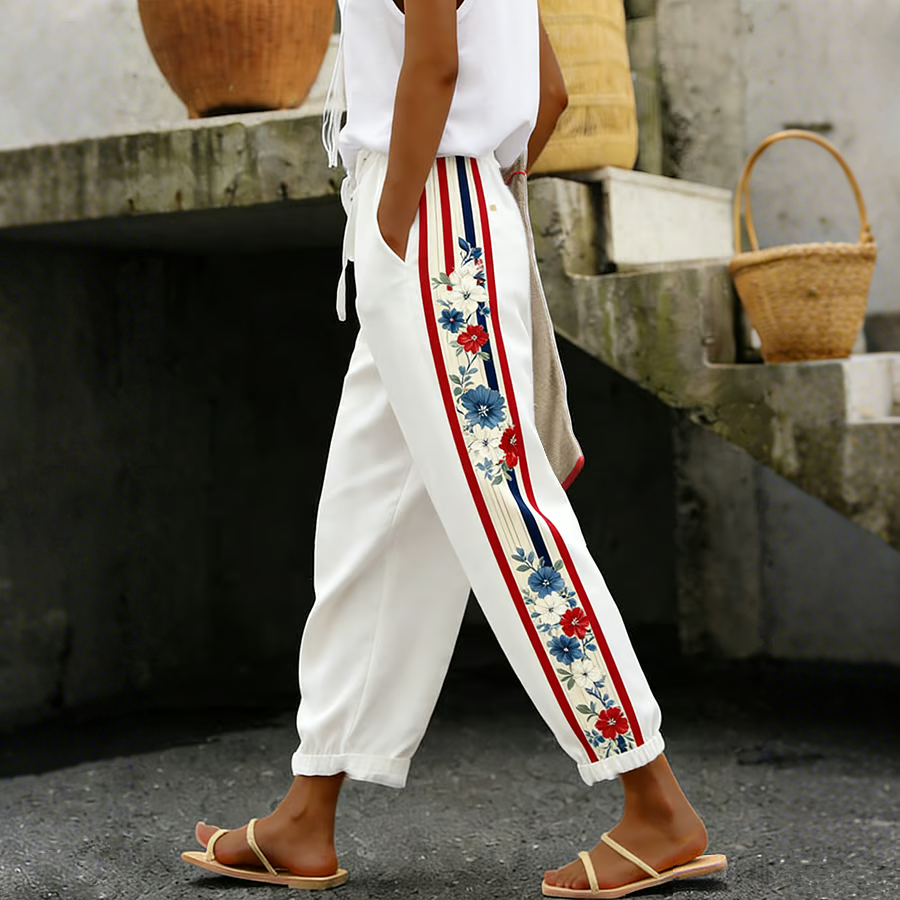 Women's Cotton Linen Botanical Floral Ankle-Length Casual Pants