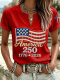 Women'S America Flag Printed Casual Cotton Linen Short Sleeved Shirt