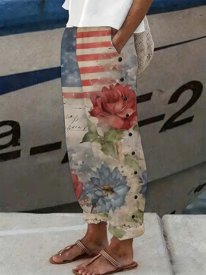 Women'S Casual American Independence Day 250Th Anniversary Printed Casual Button Design Pants