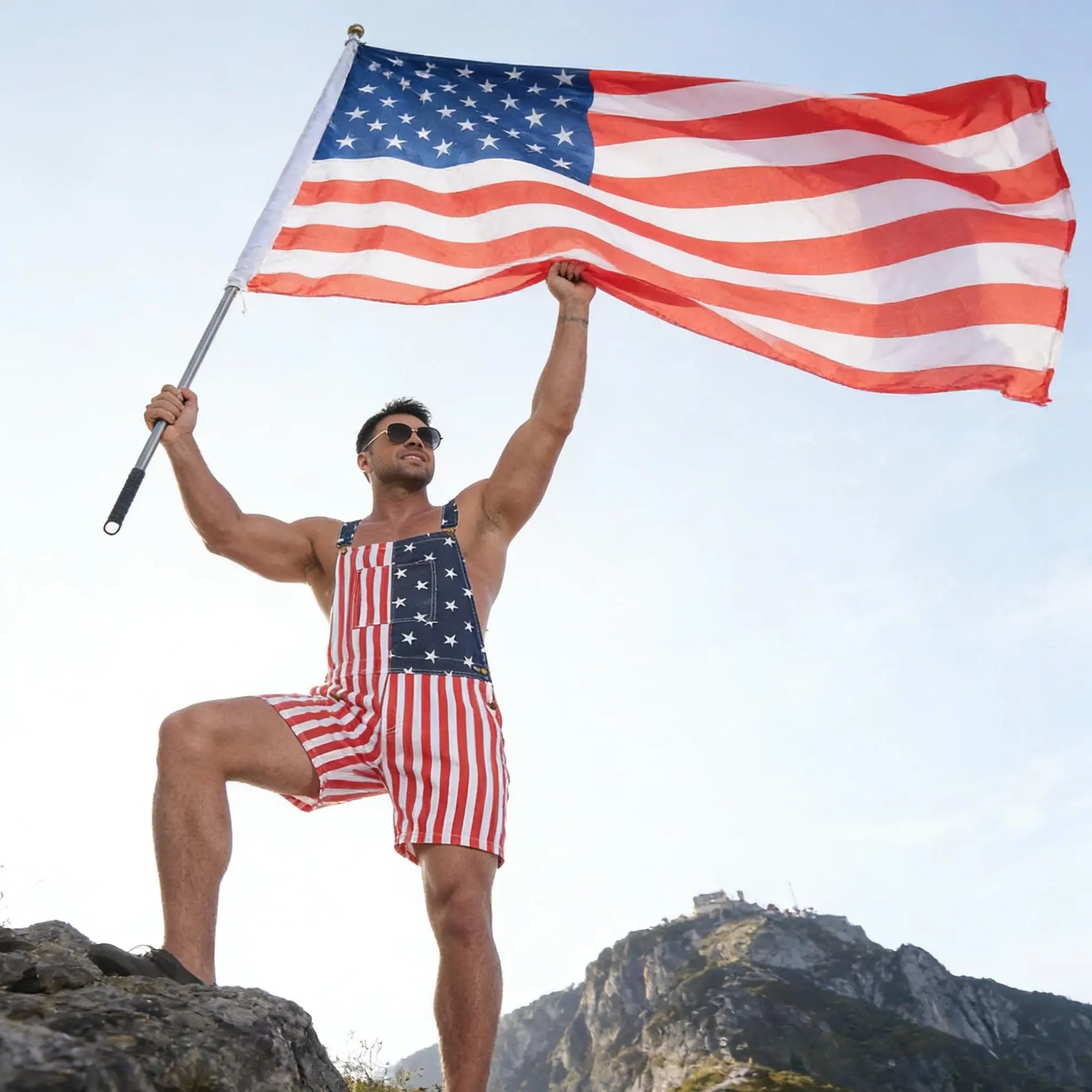 American Flag Overalls – Unisex Patriotic Denim Romper