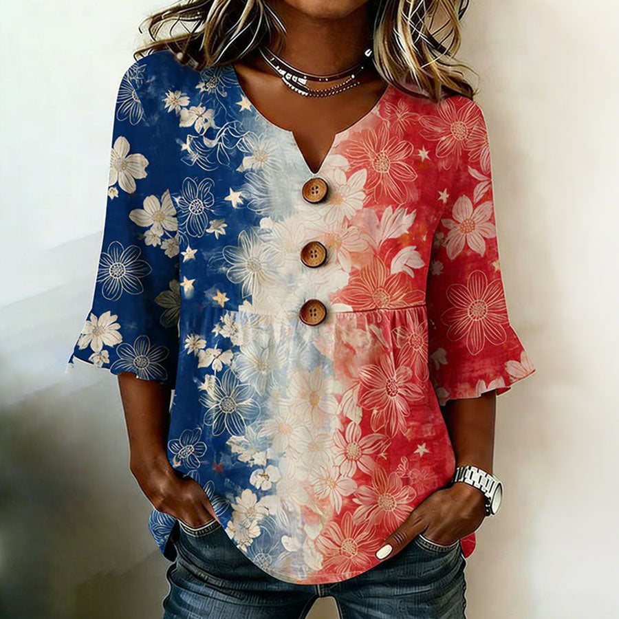 Women'S Independence Day 250Th Anniversary Flag Flower Art Retro Printed Casual Top