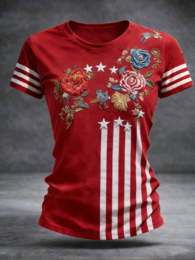 Ladies' 250Th Anniversary Commemorative Printed Round Neck Short Sleeve T-Shirt For American Independence Day