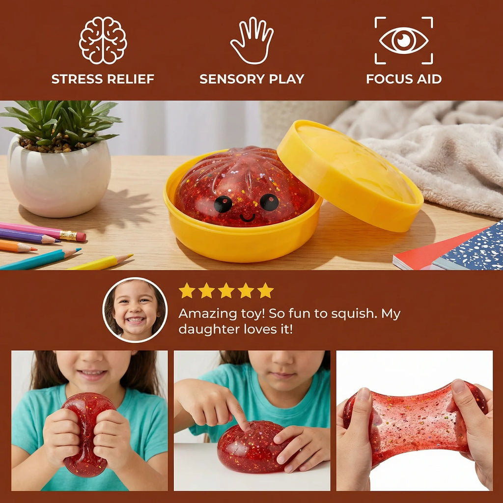2026 New Glitter Dumpling Squishy with Steamer Box, Soft Sensory Fidget Steamed Bun Squeeze Tool for Adult Stress & Anxiety Relief,