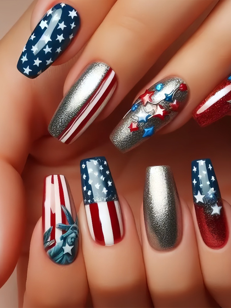 Red, White And Blue Star-shaped Pattern False Nails