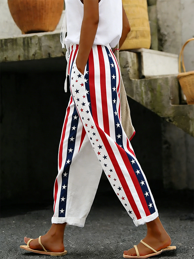 Women's Cotton Linen Patriotic Print Casual Cropped Trousers