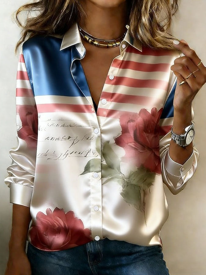 Women'S Casual Independence Day 250Th Anniversary Celebration American Satin Pearl Collar Shirt