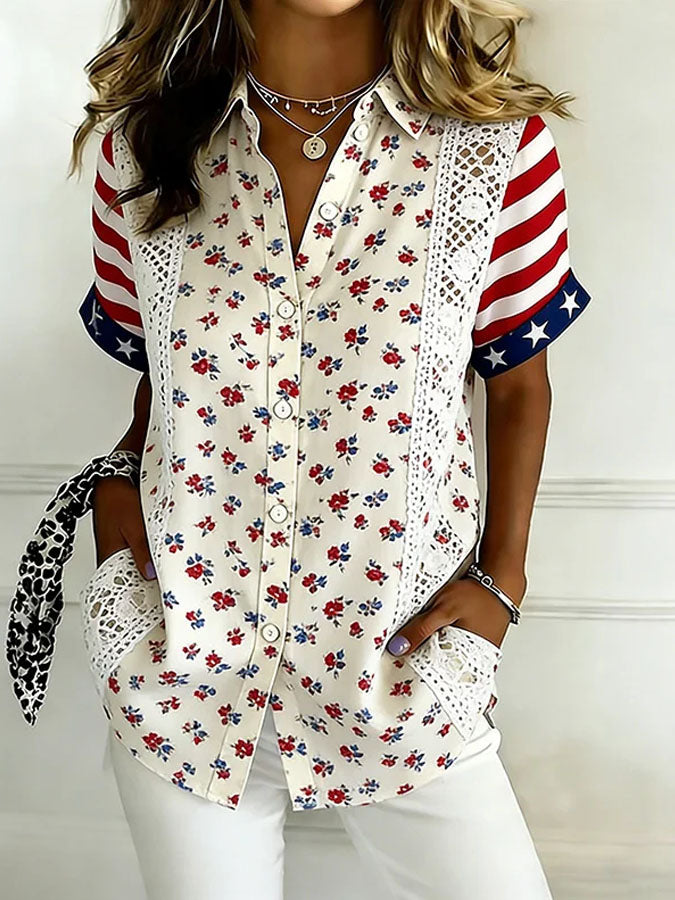 Women'S Independence Day Patriotic American Flag 250Th Anniversary Button Shirt