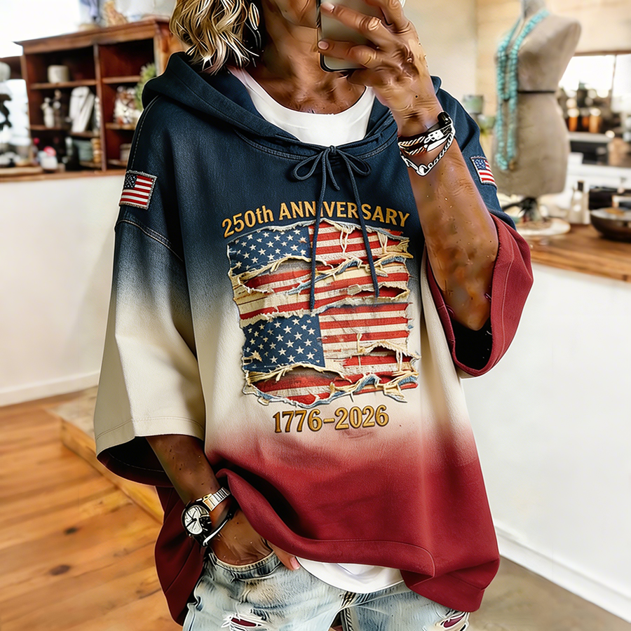 Women's Ombre Distressed American Flag 250th Anniversary Hoodie