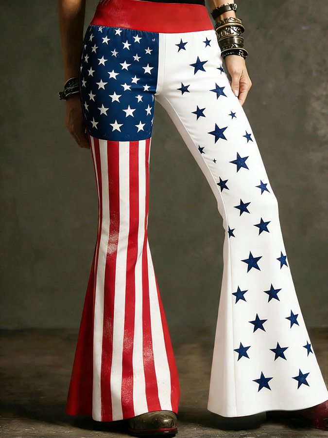 Women's American Flag Color Block High Waist Flare Pants