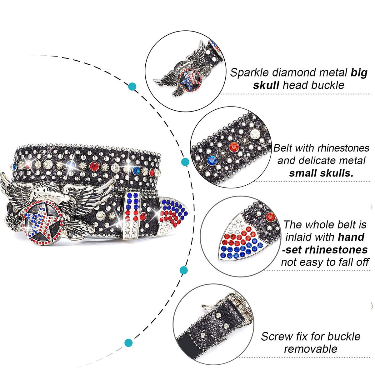 Unisex Independence Day Star Eagle Full Diamond Metal Buckle Belt