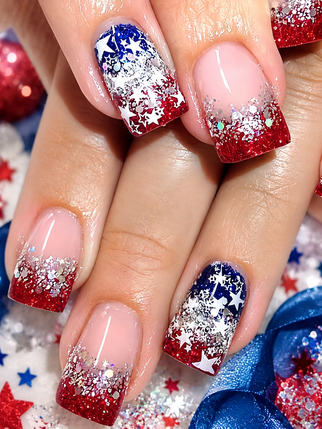 Red, White And Blue Star-shaped Pattern False Nails