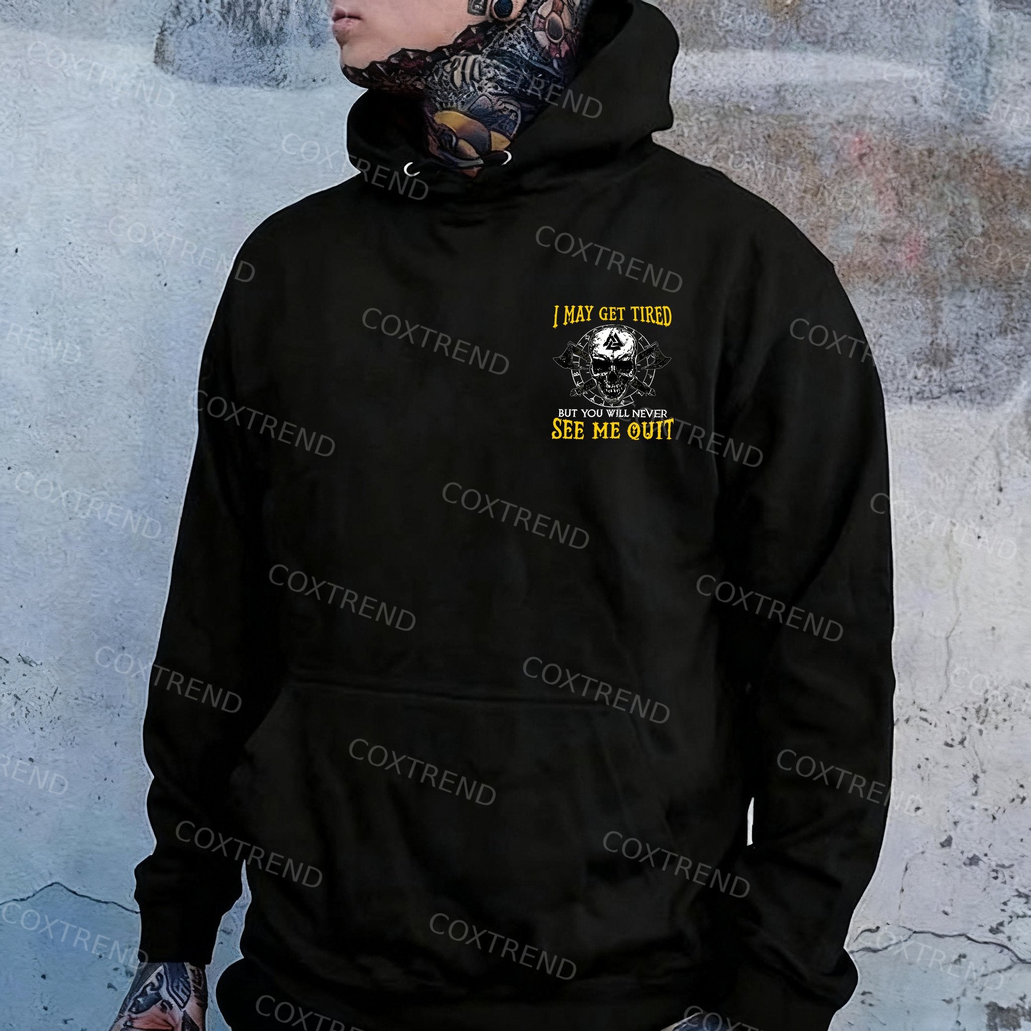 I May Get Tired But You Will Never See Me Quit Skull Printed Men's Hoodie