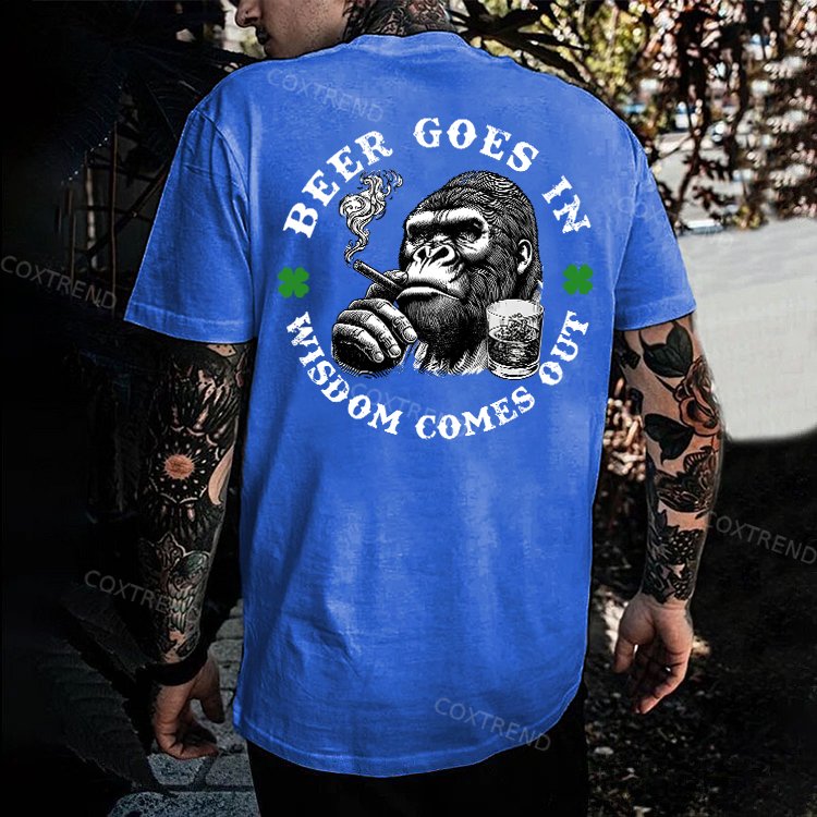 Beer Goes In Wisdom Comes Out Printed Men's T-shirt