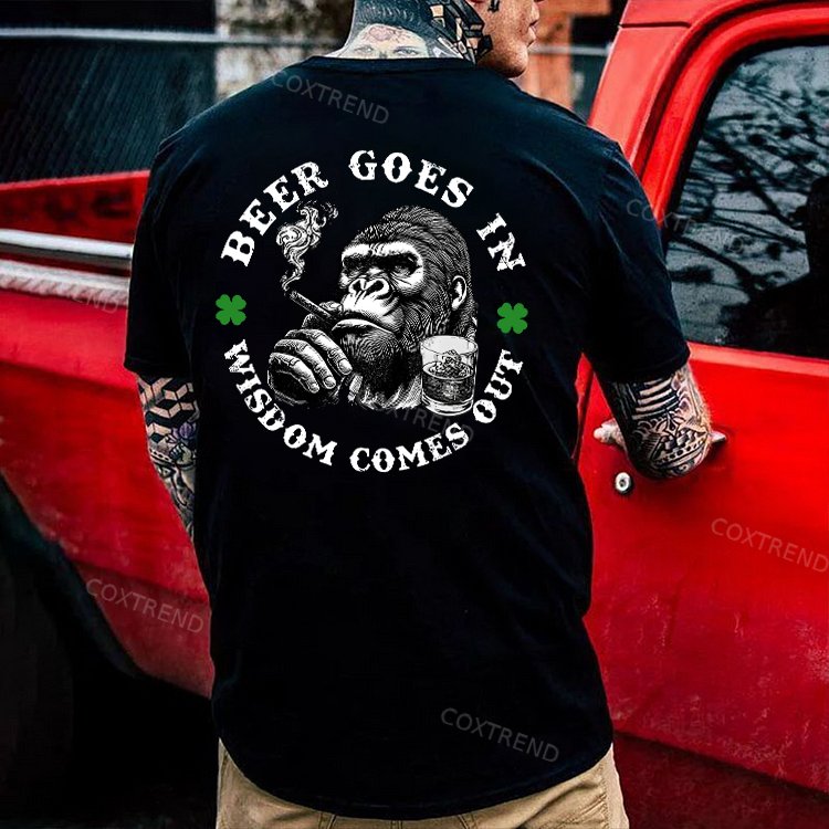 Beer Goes In Wisdom Comes Out Printed Men's T-shirt