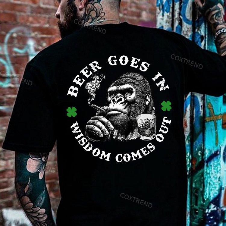 Beer Goes In Wisdom Comes Out Printed Men's T-shirt