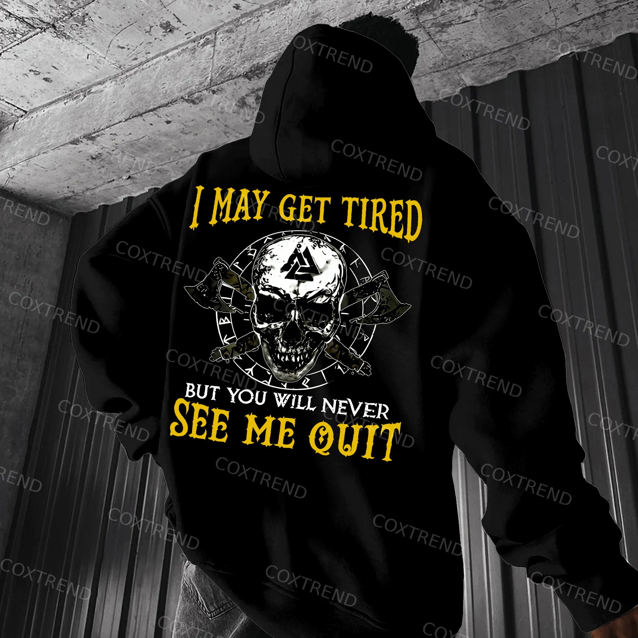 I May Get Tired But You Will Never See Me Quit Skull Printed Men's Hoodie