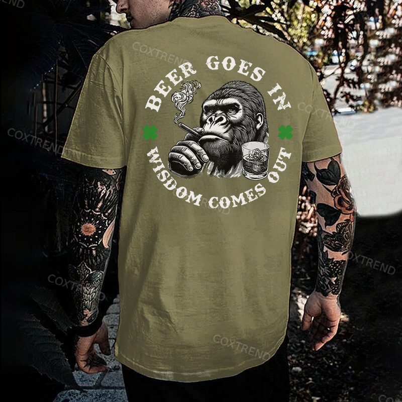 Beer Goes In Wisdom Comes Out Printed Men's T-shirt
