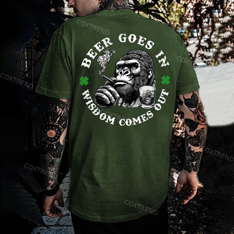 Beer Goes In Wisdom Comes Out Printed Men's T-shirt