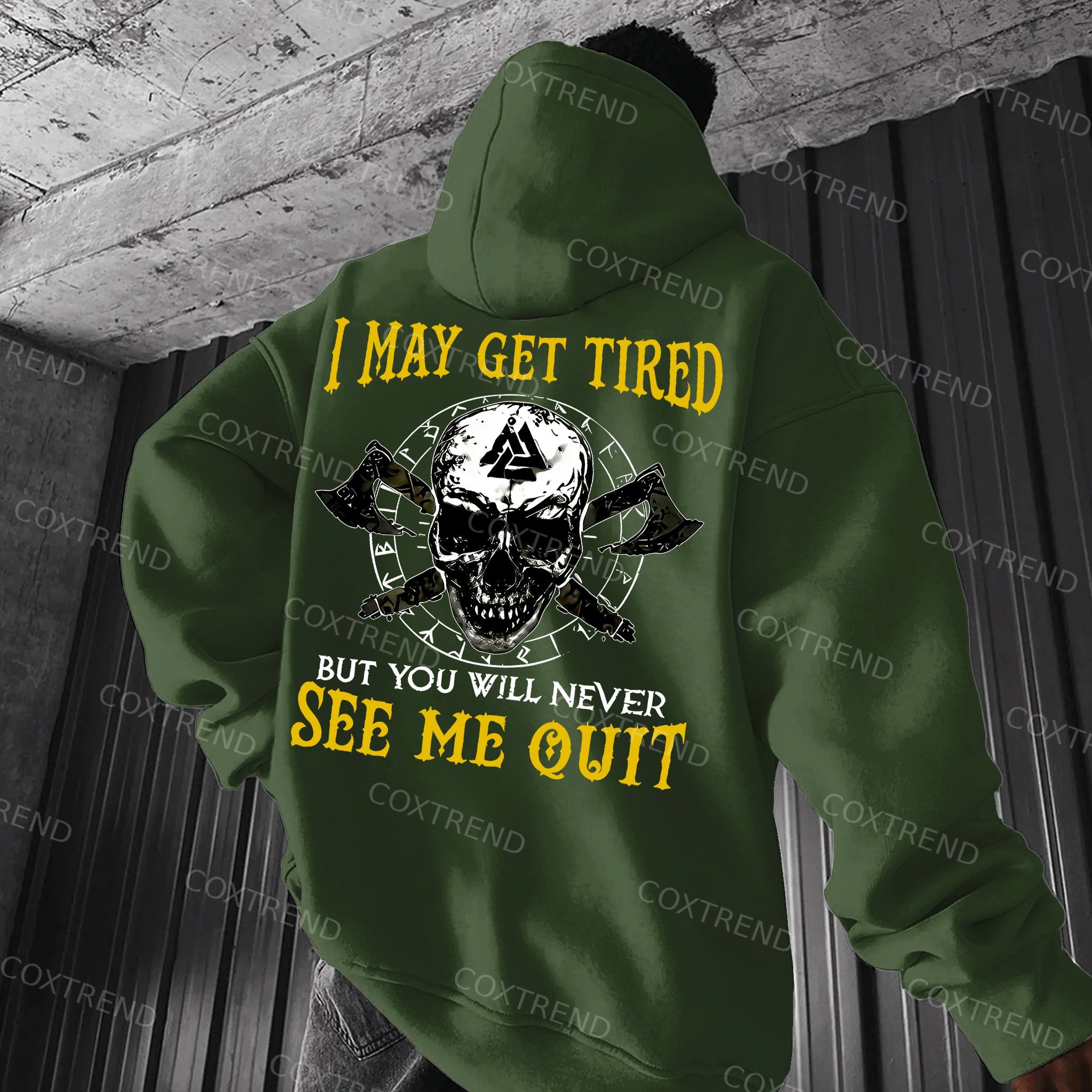 I May Get Tired But You Will Never See Me Quit Skull Printed Men's Hoodie
