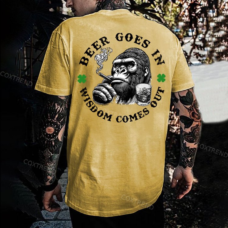 Beer Goes In Wisdom Comes Out Printed Men's T-shirt